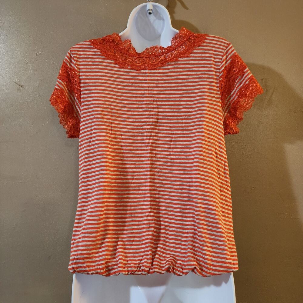 Dream Out Loud Selena Gomez Womens Top Size L Orange Gray Striped Lace Tee - Picture 7 of 7